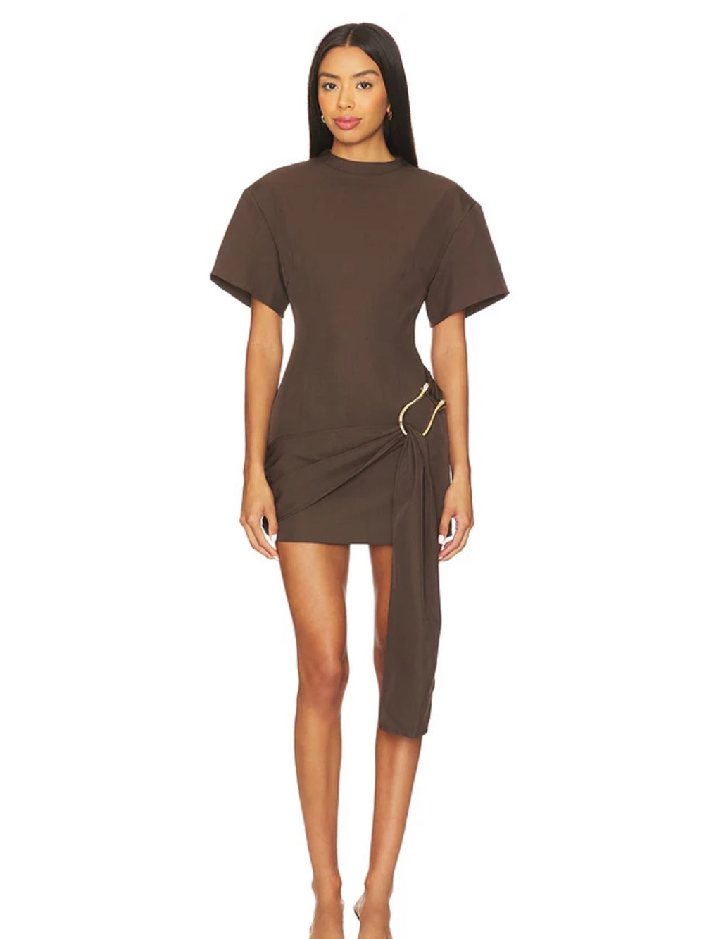 Lioness Brown Mini Dress with Side Drape & Gold Ring